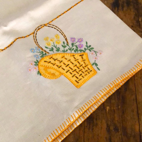 Vintage Handmade and Hand Embroidered Card Table Cloth with Flowers & Baskets - Picture 1 of 16